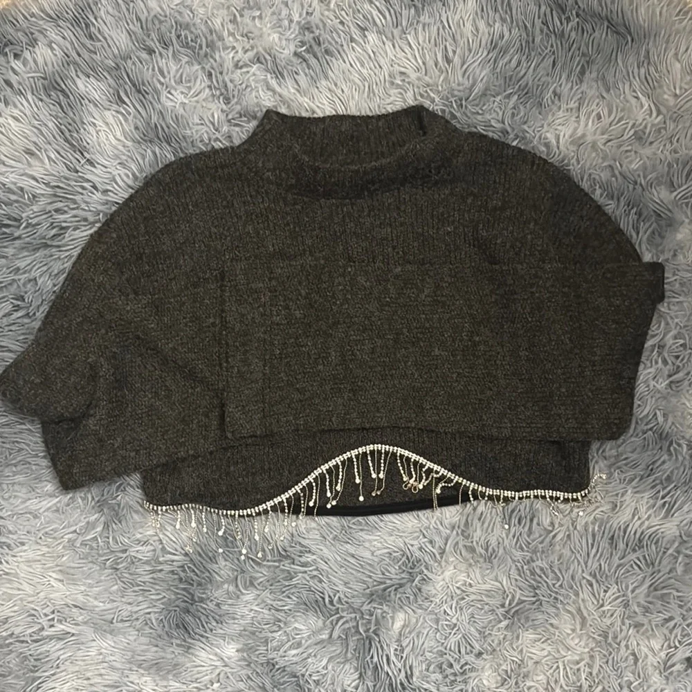 Zara Gray Cowl Neck Sweater with Fringe Detail - Picture 4 of 7